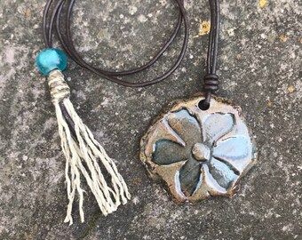 Handmade Ceramic Flower Necklace, Essential Oil Diffuser, Aromatherapy, Adjustable Leather Cord,Stoneware Clay, Fringe, Hippie Jewelry