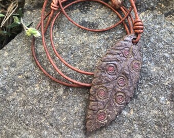Handmade Ceramic Feather Leaf Necklace, Aromatherapy, Essential Oil Diffuser, Adjustable Leather Cord, Stoneware Clay, Hippie Jewelry, Art