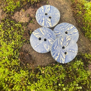 Dragonfly Buttons, White and Blue, Large Handmade Ceramic Sewing buttons, Knitting, Crafts,