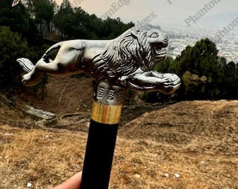 Handmade Lion Head Brass Handle Walking Stick | Collectible Wooden Cane