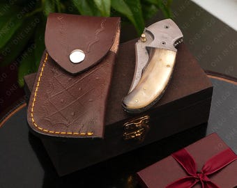 Hand-Forged Copper Damascus Steel Folding Tool | Ram's Horn Handle