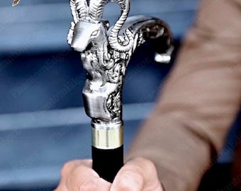 Handmade Ram Head Brass Walking Stick | Vintage Designer Cane