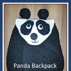 May include: A black and white crocheted panda backpack with a button nose and googly eyes. The backpack has the text "Panda Backpack" on the front.