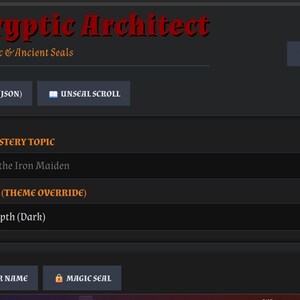 May include: A dark interface with the title "Cryptic Architect" and the subtitle "Descent into Logic & Ancient Seals." It includes input fields for chamber topics and atmosphere settings, plus buttons labelled "Seal Scroll," "Unseal Scroll," and "Extinguish."