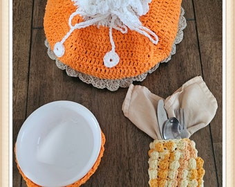 Festive Pumpkin Pie Carrier and Bonus Corn Flatware and Napkin Holder and Any size Pumpkin Hot Bowl Holder Crochet Pattern - PDF