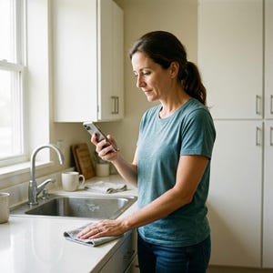 Puede incluir: Una persona con una camiseta de color turquesa y vaqueros azules mira un teléfono inteligente en una cocina. Un paño gris descansa sobre la encimera blanca cerca de un fregadero de acero inoxidable. Armarios blancos y una ventana están en el fondo.