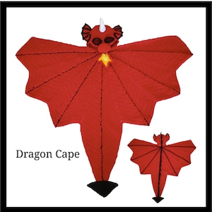 May include: Red crocheted dragon cape with a black tail and wings. The cape has a hood with a white horn and black eyes. The text "Dragon Cape" is visible below the cape.