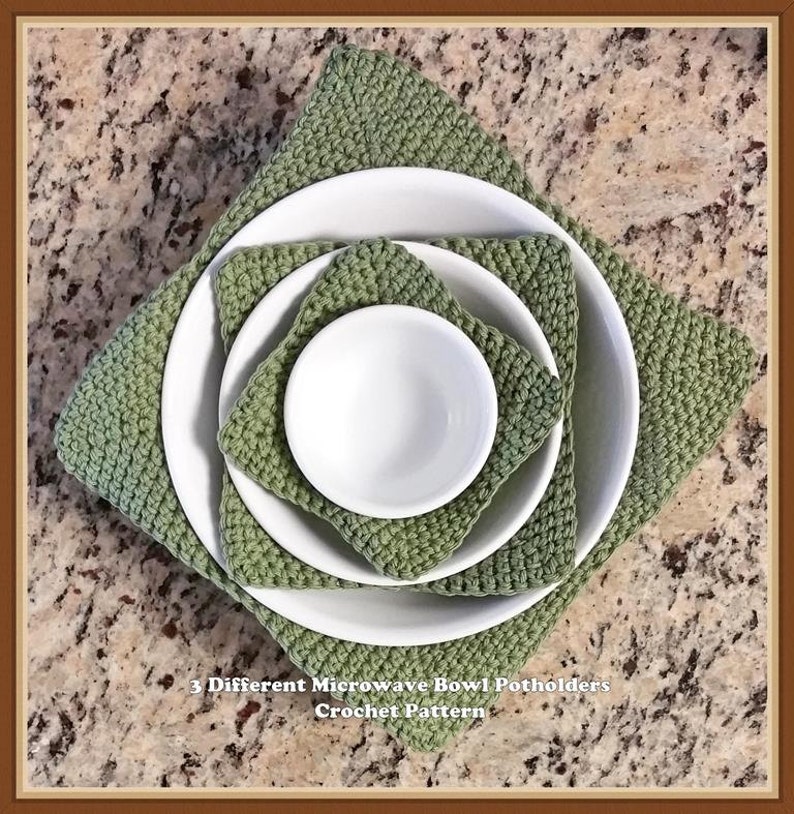 3 differnt size microwave bowl hot pads crochet pattern.  Keep your hands comfortable when eating cold ice cream or hot soup.