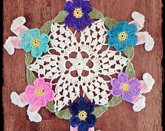 Springtime Delight Crochet Pattern: 12" Flower & Peeping Bunny Doily