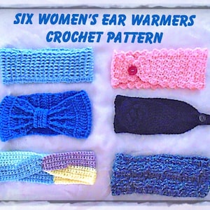 Puede incluir: Seis calentadores de orejas de ganchillo en varios colores y estilos. Los calentadores de orejas se muestran sobre una superficie blanca. El texto "SIX WOMEN'S EAR WARMERS CROCHET PATTERN" está en la parte superior de la imagen.