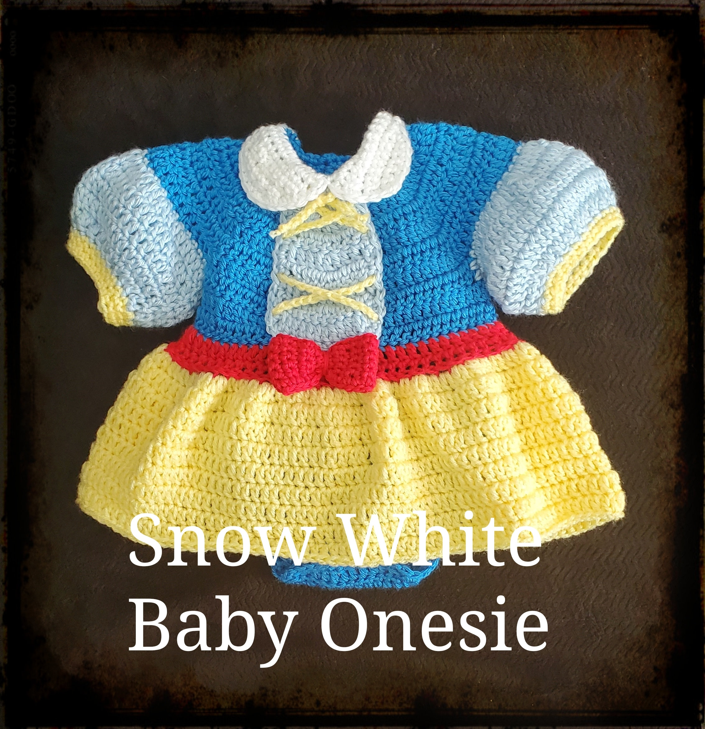 30 Snow White Dress Patterns To Crochet For Babies, Dolls, And Bridal Looks 16 Snow White Inspired Baby Onesie Pattern