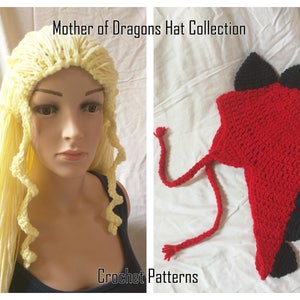 May include: The image showcases two crochet hats. One is a blonde wig-style hat with long, flowing strands and a crown. The other is a red and black dragon-themed hat with a pointed design and ties. The text "Mother of Dragons Hat Collection" and "Crochet Patterns" are visible.