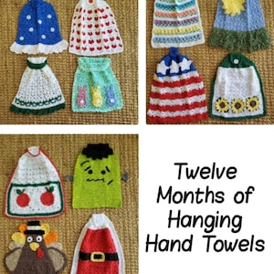 Può includere: Modello a uncinetto per dodici asciugamani da appendere che rappresentano i mesi dell'anno. Ogni asciugamano presenta un design diverso. I design includono un tacchino, una calza di Natale, un girasole, un mostro, una mela, un cuore, una stella, un sole, un coniglio e altro ancora.
