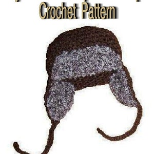 May include: Crochet pattern for a brown and grey boy's hunter cap with flaps. "Boy's Hunter Cap With Flaps Crochet Pattern" is written in gold text at the top of the image. "Design by: Sharon Santorum" is written in black text at the bottom of the image.