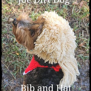 May include: A small, black and brown dog wearing a white crocheted hat and a red crocheted bib. The dog is looking up and the text "Joe Dirt Dog" and "Bib and Hat" are visible in the image.