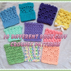 Puede incluir: Diez patrones diferentes de puños de bota de ganchillo en varios colores, incluidos azul, morado, amarillo, verde, rosa y blanco. El texto "10 DIFFERENT BOOT CUFF CROCHET PATTERNS" se muestra en el centro de la imagen.