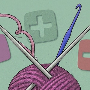 May include: A ball of pink yarn with two knitting needles and a crochet hook. There are three squares with plus and minus signs.