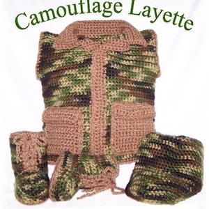 May include: A crocheted baby outfit in a camouflage pattern. The set includes a vest, booties, and a hat. The vest has a brown collar and pockets. The booties and hat are brown and green.