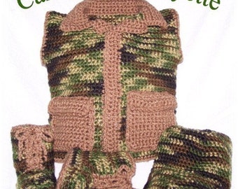 Camouflage Hunting Vest Layette Booties and Hat Crochet Pattern PDF - INSTANT DOWNLOAD.