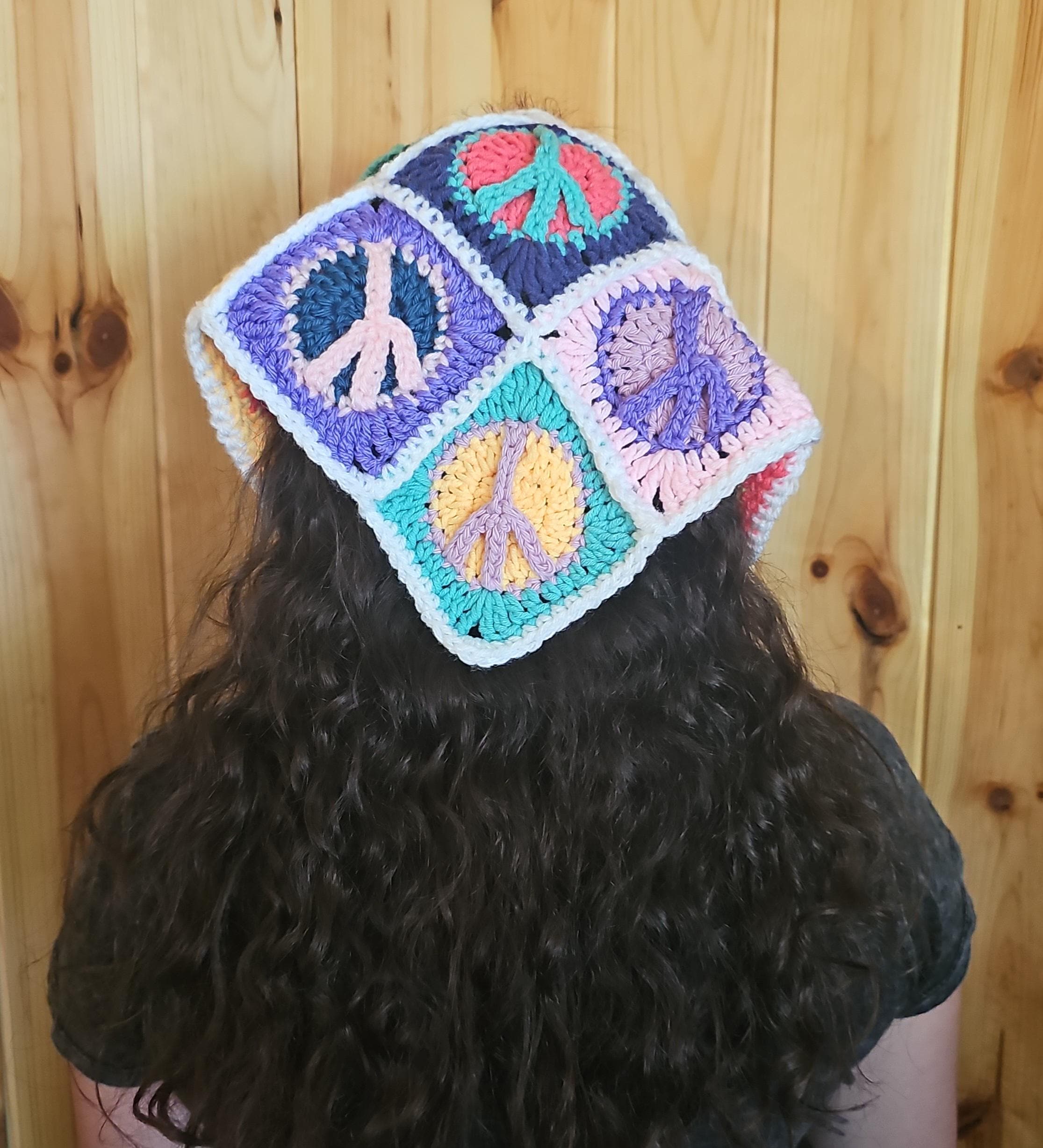 30 Head Scarf Crochet Patterns for Bandanas, Kerchiefs, and Stylish Wraps 11 Hippie Triangle Head Scarf with Granny Square Details