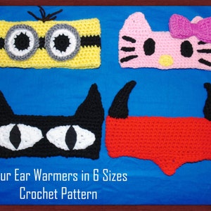 以下が含まれることがあります： 6つのサイズで編まれた4つの耳あて。耳あては、ミニオン、猫、黒猫、悪魔の形をしています。耳あては青い背景に表示されています。