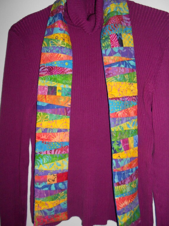 Items similar to Narrow Patchwork Quilted Scarf in Bright Colors on Etsy