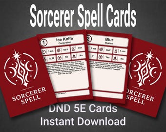 Sorcerer Spell Cards 5E Compatible Printable PDF Complete Levels 0-9 Spell Deck Digital Download