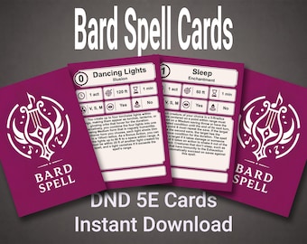 Bard Spell Cards 5E Compatible Printable PDF Complete Levels 0-9 Spell Deck Digital Download