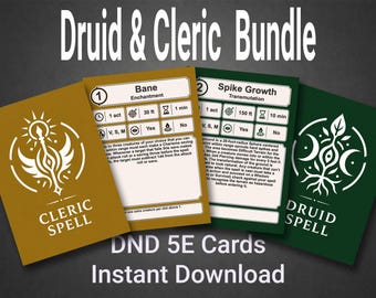 5E Cleric Druid Spell Cards Bundle Printable PDF Levels 0-9 Spellbook Download