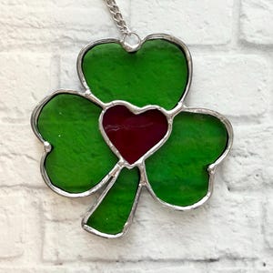 Handmade Stained Glass Shamrock with Heart – Irish Decor