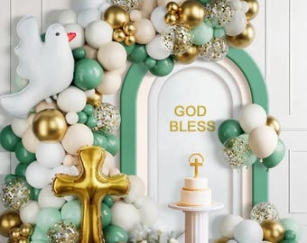 Zestaw girlandy balonowej "Bóg zapłać": chrzest, komunia, złoty krzyż i gołąb