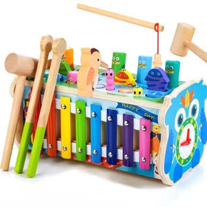 Jouets Montessori en bois pour enfant de 1 an, marteau en bois 7 en 1, avec xylophone et jeu de pêche magnétique, tambour en bois