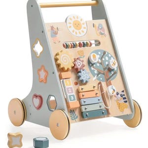 Houten multifunctionele loopwagen speelgoedopberger | Bord bezet | Montessorispeelgoed