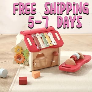 Montessori Wooden Busy Board: 5-in-1 Activity House Toy