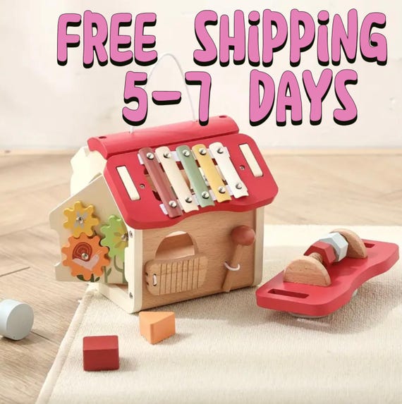 Montessori Wooden Busy Board: 5-in-1 Activity House Toy