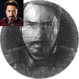 May include: A black and white line art portrait of a man with a beard. The portrait is created using a series of intersecting lines that form a circular shape.