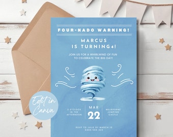 Fournado Geburtstag einladen Vierte Geburtstagseinladung Vorlage Junge 4. Geburtstag einladen Bearbeitbar Wettereinladung Bearbeitbar 4. Party einladen