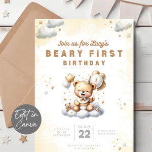 Teddybär 1. Geburtstagseinladung, Bärige erste Party einladen, bearbeitbare Teddybär Thema Geburtstagsvorlage, neutraler Teddybär einladen