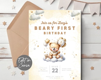 Invitación para el primer cumpleaños de un osito de peluche, invitación para la primera fiesta de un osito de peluche, plantilla editable de cumpleaños con temática de osito de peluche, invitación neutral para un osito de peluche.