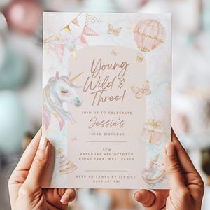 Young Wild and Three Unicorn Invitation, Editable 3rd Birthday Invite, Unicorn Birthday Invitation Template, Girl Third Party Magical Theme