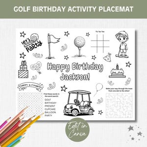 Kids Golf Birthday Placemat: Editable Coloring & Activity Sheet (Digital Download)