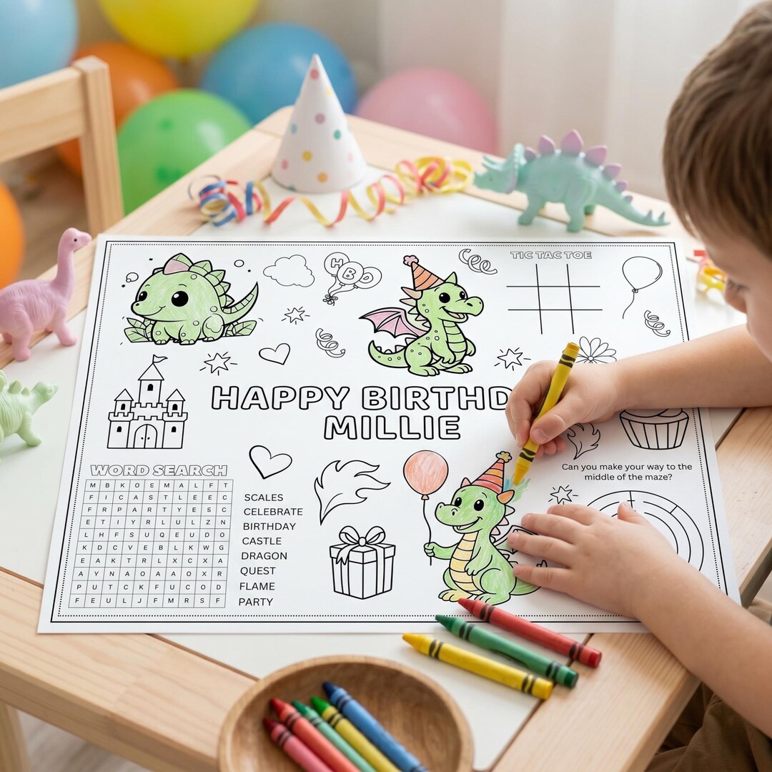Custom Dragon Themed Party Activity Page, Editable Birthday Coloring ...
