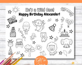 Wild One Birthday Coloring Page: Safari Party Favor (Digital Download)