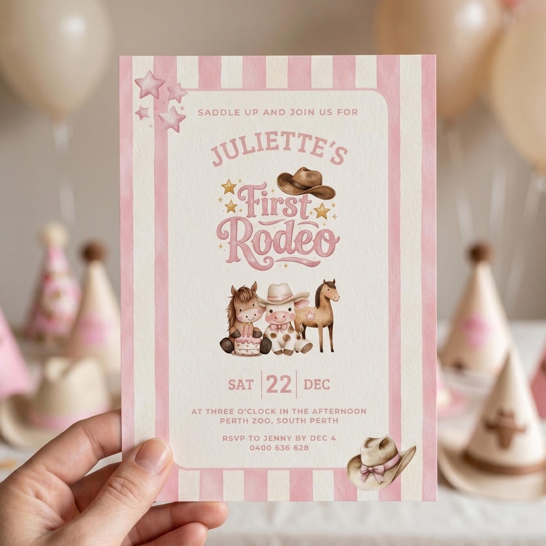 My First Rodeo Girl Birthday Invitation, Editable Pink Western Cowgirl ...