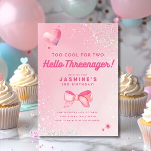 Threenager Birthday Invitation Girl: Pink Bow Party Theme (Digital Download)