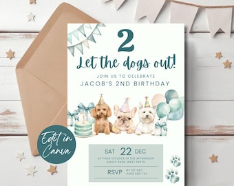 Zwei lassen Sie die Hunde Geburtstags-Einladung Hund 2.Geburtstag einladen Welpen-Party Zweiter Geburtstag Bearbeitbare Vorlage