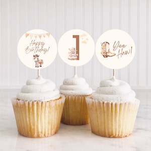 First Rodeo Girl Birthday Cupcake Toppers, Western Themed Party Decor, Printable 1st Birthday Cowgirl Decorations