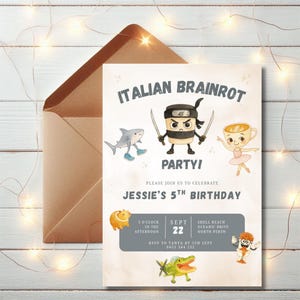 Italienische Brainrot-Geburtstagseinladung, bearbeitbare Meme-Einladungsvorlage, druckbare Einladung für Kinderparty