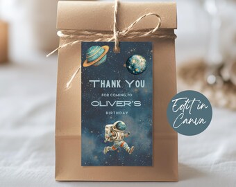宇宙のサンキュータグ、編集可能な宇宙パーティーの記念品タグ、宇宙の誕生日の記念品テンプレート、惑星をテーマにした子供のパーティー