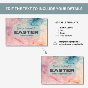 May include: Editable Easter invitation template with a watercolour background. The text reads "You're invited to Easter at [Church Name]"